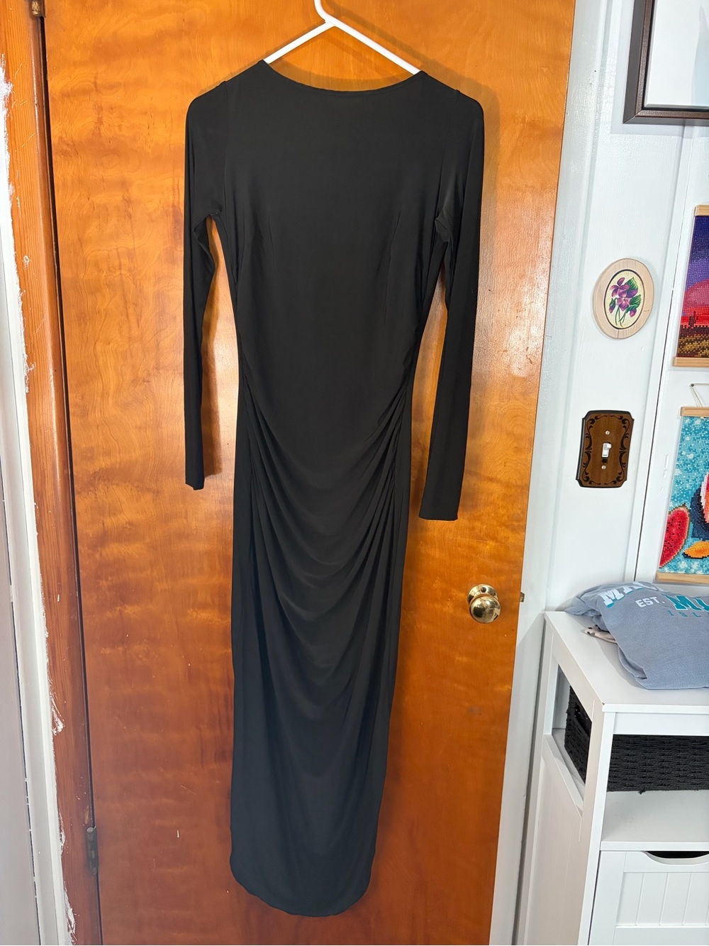 Allure Black Long-Sleeve Draped Maxi Dress, I would guess size is medium